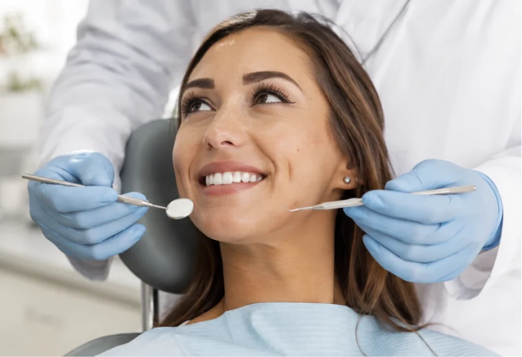 Patiente lors d'un examen dentaire pour un dechaussement des dents