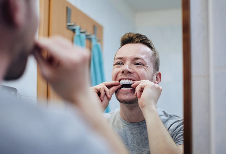 Patient ajustant son aligneur invisible devant le miroir au quotidien