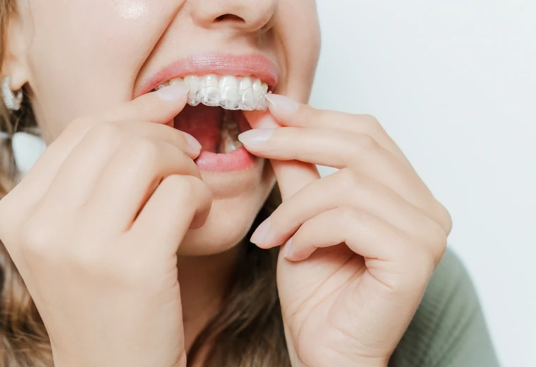 Femme mettant en place sa gouttière d'aligneur invisible