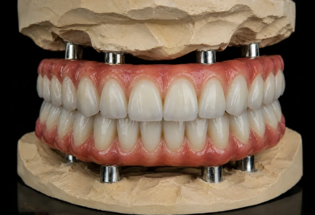 Prothèse complète fixée sur des piliers d'implants, vue sur modèle de laboratoire